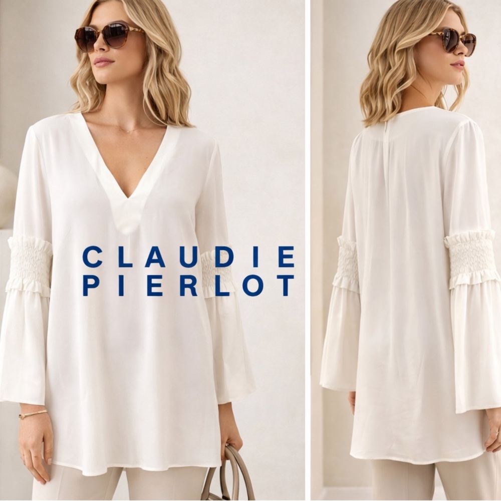 Claudie Pierlot Paris Ivory V Neck Tunic Blouse Smocked Sleeve French  Size 38